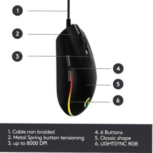 Logitech G102 Light Sync Gaming Mouse with Customizable RGB Lighting, 6 Programmable Buttons, Gaming Grade Sensor, 8 k dpi Tracking,16.8mn Color, Light Weight (Black)