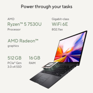 ASUS Zenbook 14 OLED UM3402YA-KM541WS AMD Ryzen 5 7530U Thin and Light Laptop (14″ 2.8K OLED 90Hz/16GB/512GB SSD/Windows 11/Office 2021/Alexa/Backlit KB/FP Sensor/Black/1.39 kg)